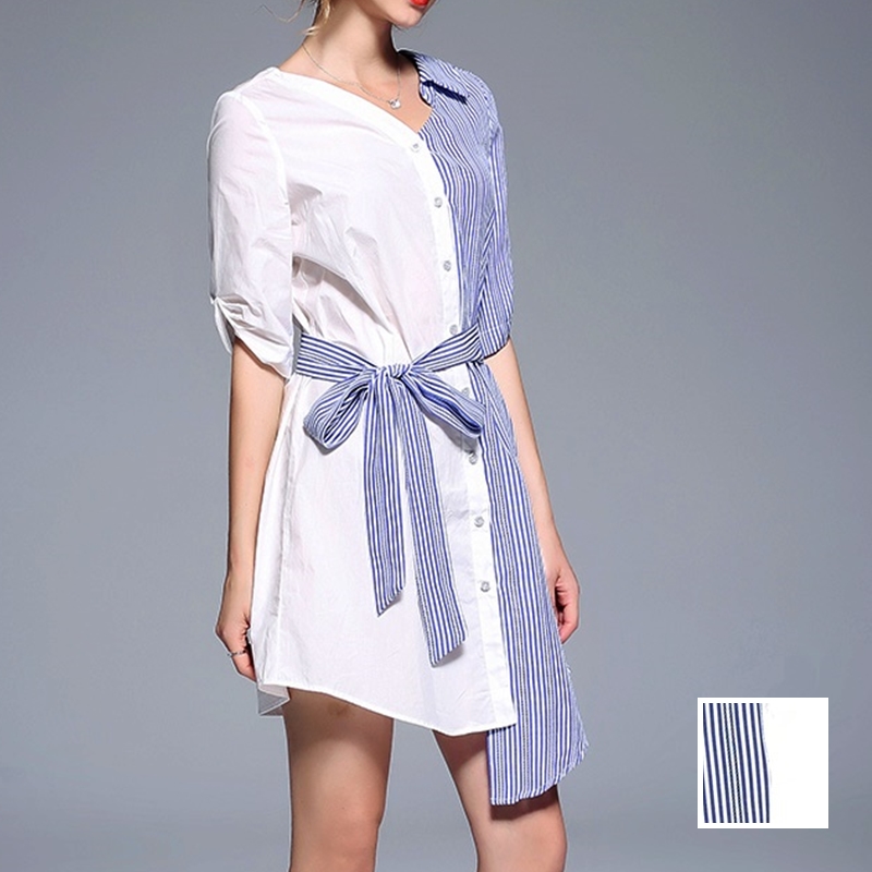 Kilakilastyle Com 爽やかなアシンメトリー ストライプバイカラーのシャツワンピ 春 夏 Ptxb939