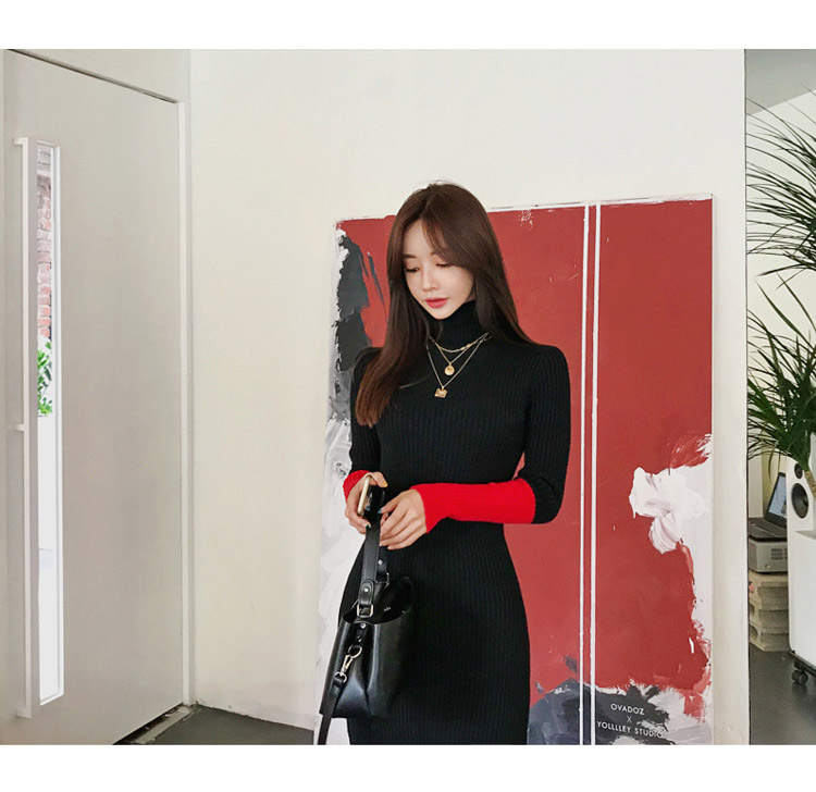 韓国 ファッション ワンピース 秋 冬 カジュアル PTXD899  ピンク レッド サイドスリット リブニット エレガント オルチャン シンプル 定番 セレカジの写真5枚目