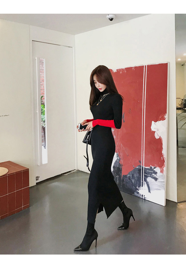 韓国 ファッション ワンピース 秋 冬 カジュアル PTXD899  ピンク レッド サイドスリット リブニット エレガント オルチャン シンプル 定番 セレカジの写真8枚目