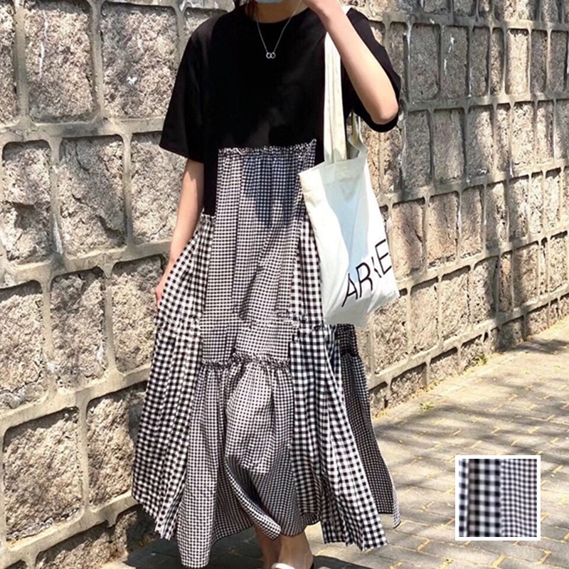 韓国 ファッション ワンピース 春 夏 カジュアル PTXI717  ゆったり ティアード プリーツ 切替え Tワンピ オルチャン シンプル 定番 セレカジの写真1枚目
