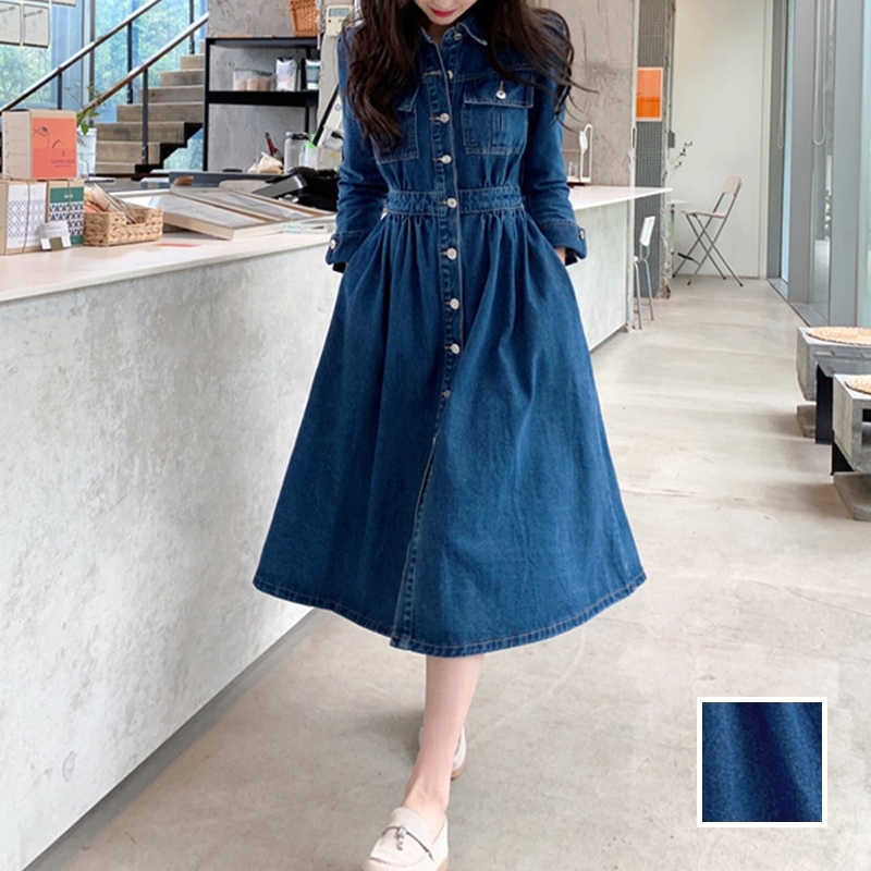 韓国 ファッション ワンピース 春 秋 冬 カジュアル Ptxj160 デニム フロントボタン Aライン ナチュラル オルチャン シンプル 定番 セレカジ 大人女子の韓国ファッション ワンピース パーティードレス Kilakila Style キラキラスタイル