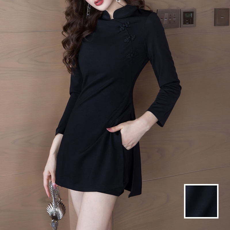 チャイナドレス　ドレス　ブラック　韓国　オルチャン　シック　シンプル　スリット