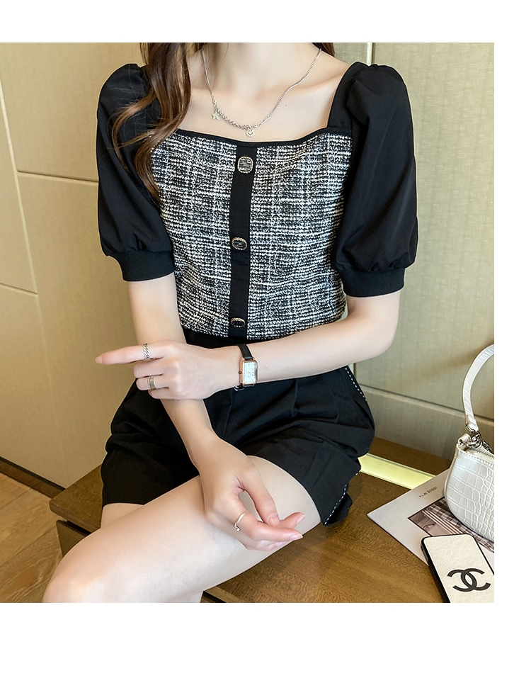韓国 ファッション トップス ブラウス シャツ 春 夏 カジュアル PTXK841  パフスリーブ フロントボタン ツイード風 オルチャン シンプル 定番 セレカジの写真16枚目