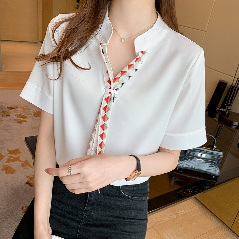 Kilakilastyle Com トップス ブラウス シャツ 幾何学模様 ネクタイ風 バンドカラー 春 夏 Ptxk849