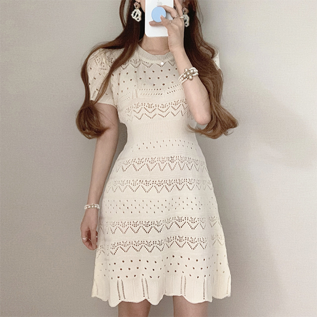 韓国 ファッション ワンピース 春 夏 カジュアル PTXK998  透かし編み スカラップ ミニ ニットワンピ オルチャン シンプル 定番 セレカジの写真6枚目