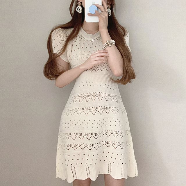 韓国 ファッション ワンピース 春 夏 カジュアル PTXK998  透かし編み スカラップ ミニ ニットワンピ オルチャン シンプル 定番 セレカジの写真7枚目