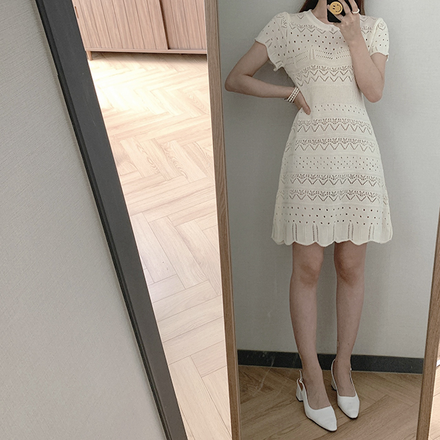 韓国 ファッション ワンピース 春 夏 カジュアル PTXK998  透かし編み スカラップ ミニ ニットワンピ オルチャン シンプル 定番 セレカジの写真13枚目