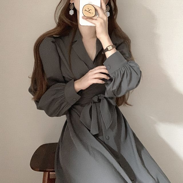 韓国 ファッション ワンピース 秋 冬 カジュアル PTXL975  カシュクール風 ドレープ パフスリーブ ミモレ オルチャン シンプル 定番 セレカジの写真7枚目
