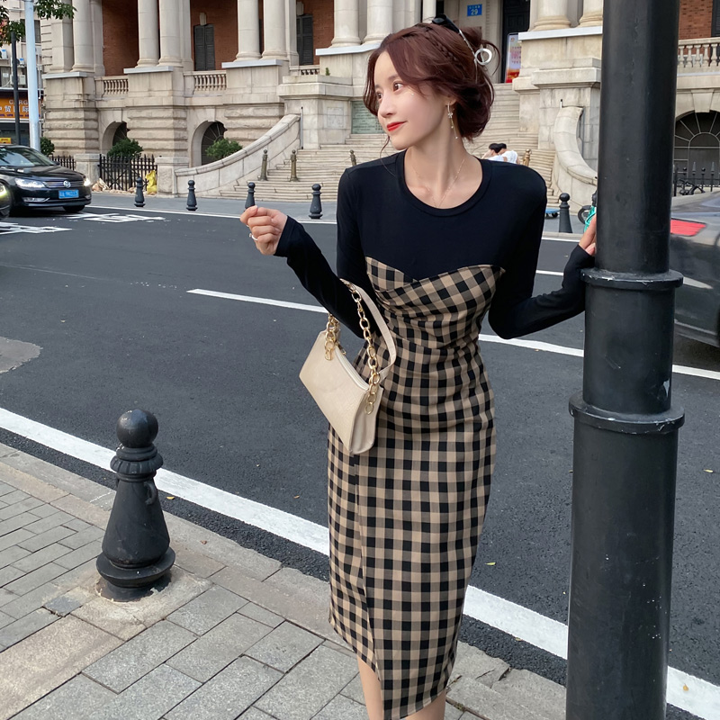 ロングワンピース秋服 秋コーデ ドッキング ロングワンピース 千鳥格子 ギンガムチェック 長袖