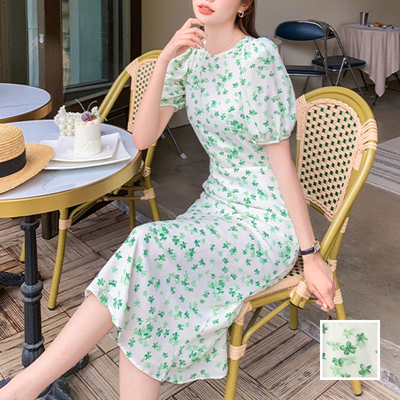 vintage ミントグリーン キルティング花刺繍 ロングワンピース-