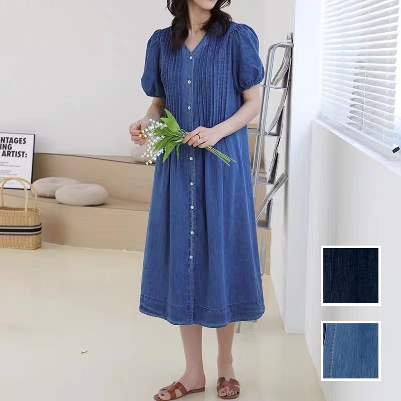 韓国 ファッション ワンピース 春 夏 カジュアル PTXN719  タック ローウエスト パフスリーブ デニム オルチャン シンプル 定番 セレカジの写真1枚目