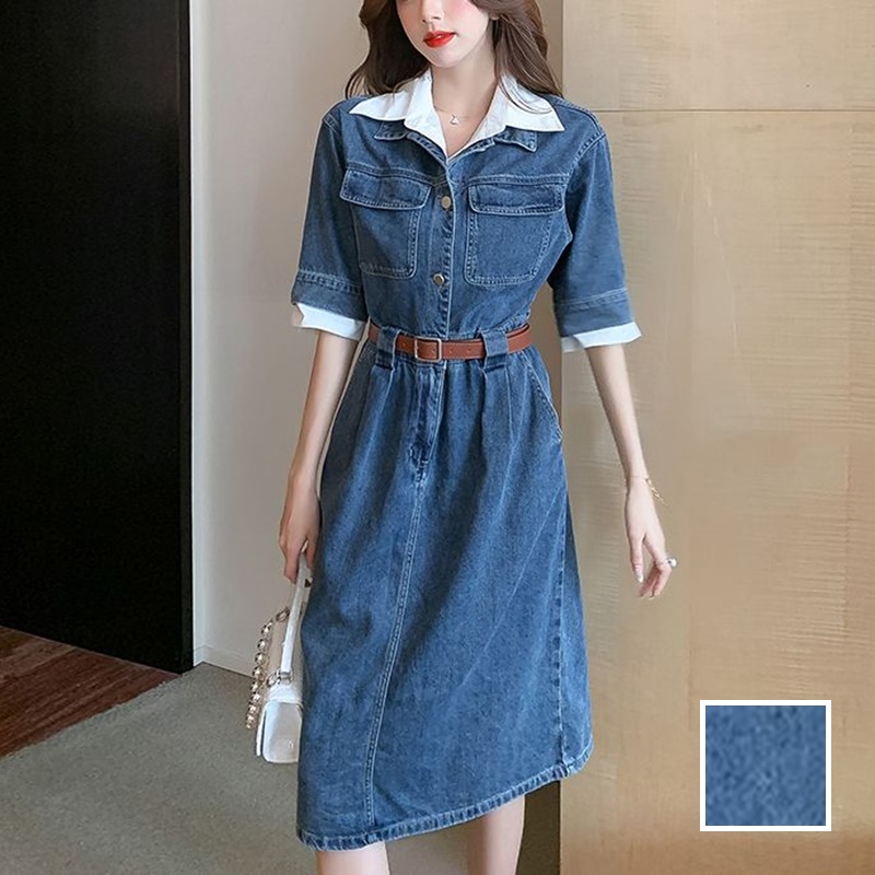 韓国 ファッション ワンピース 春 夏 カジュアル PTXN824  フェイクレイヤード ゆるタイト シャツ風 オルチャン シンプル 定番 セレカジの写真1枚目