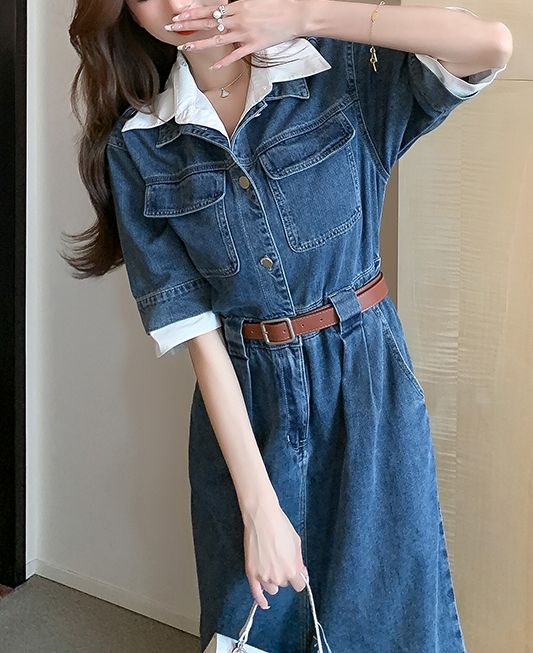 韓国 ファッション ワンピース 春 夏 カジュアル PTXN824  フェイクレイヤード ゆるタイト シャツ風 オルチャン シンプル 定番 セレカジの写真4枚目