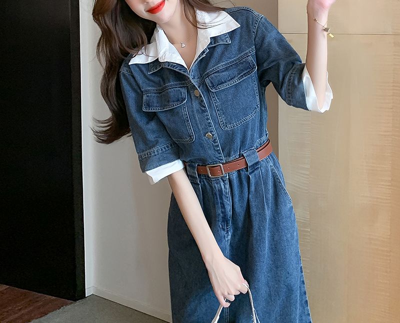 韓国 ファッション ワンピース 春 夏 カジュアル PTXN824  フェイクレイヤード ゆるタイト シャツ風 オルチャン シンプル 定番 セレカジの写真12枚目