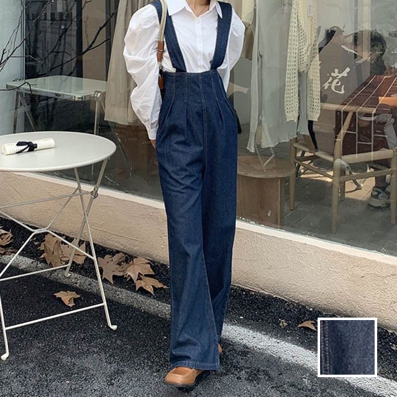 韓国 ファッション パンツ デニム ジーパン ボトムス 春 夏 カジュアル PTXN834  ハイウエスト サスペンダー ワイド ストレート オルチャン シンプル 定番 セレカジの写真1枚目