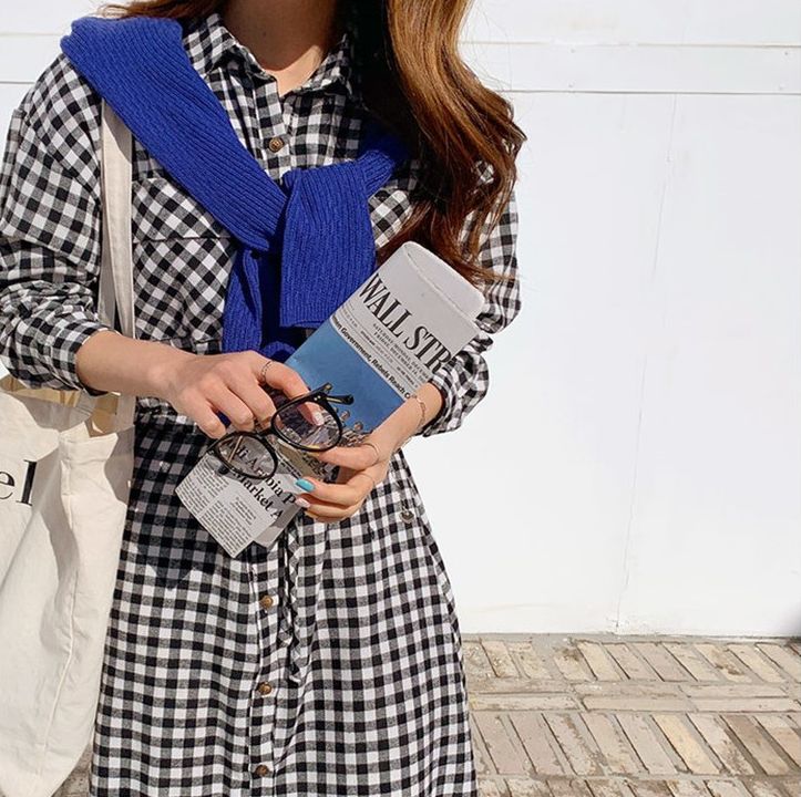 韓国 ファッション ワンピース 秋 冬 カジュアル PTXN959  ギンガムチェック シャツワンピ フレア ミモレ オルチャン シンプル 定番 セレカジの写真3枚目